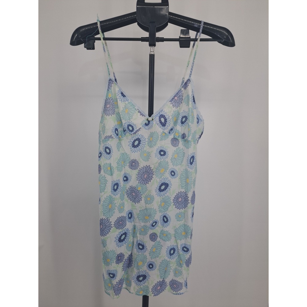 VTG Victoria's Secret Floral Slip Dress Blue Green Daisy Lace Trim Mini Y2K Boho